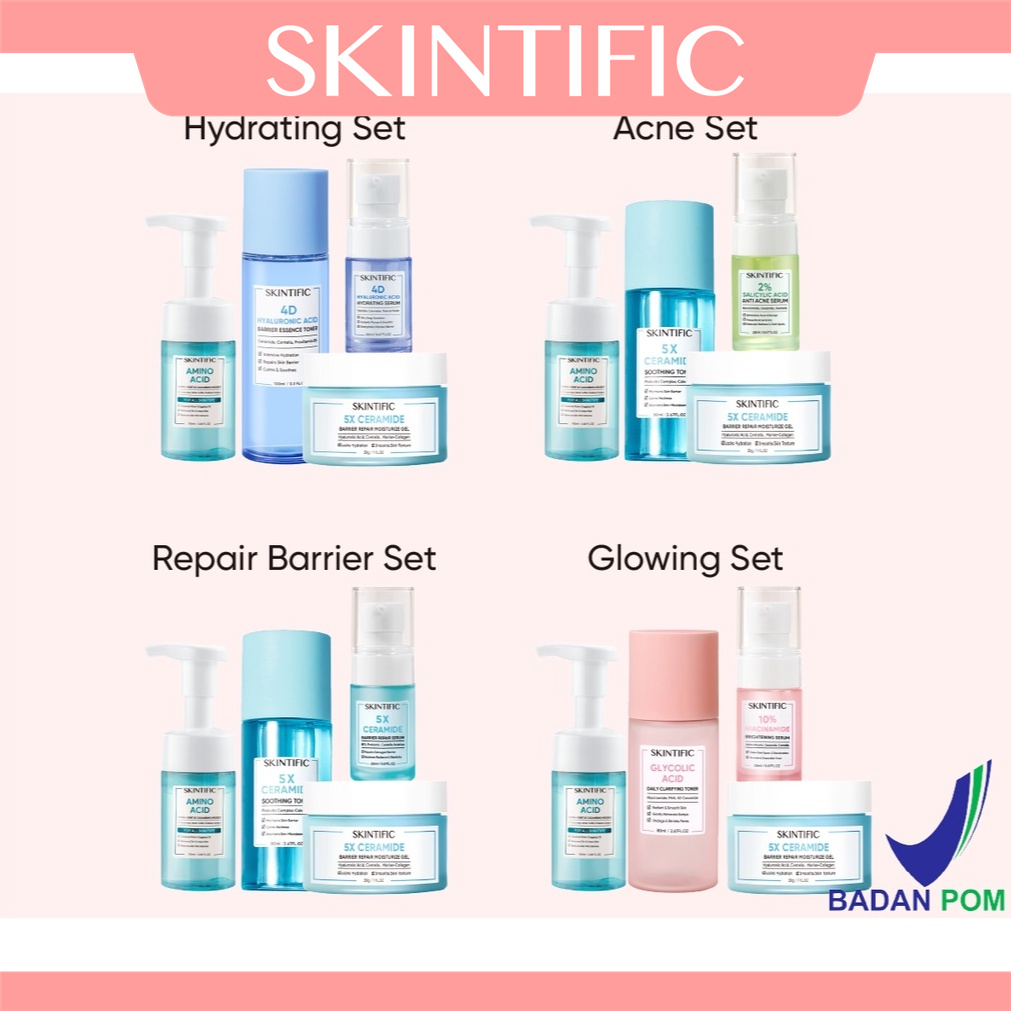 ã€Ready Stockã€‘ori SKINTIFIC 4 pcs Glowing set/ acen set / repair barrier set/ hydrating set: Amino Acid Mousse + Moisture Gel + Exfoliating Toner / Soothing Toner + Brightening Serum / Acne Serum / Barrier Repair Serum /Hydrating Serum Facial skincare set