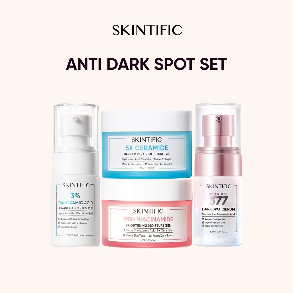SKINTIFIC Anti Dark Spot Paket Skincare 4pcs Tranexamic Acid Serum + 5x Ceramide Moisturizer + MSH Niacinamide Moisture Gel + Symwhite 377 Serum