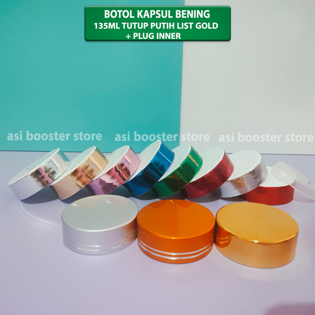 Jual Botol kapsul isi 60 Bening/ Putih 135Ml Tutup Gold Silver + Plug ...