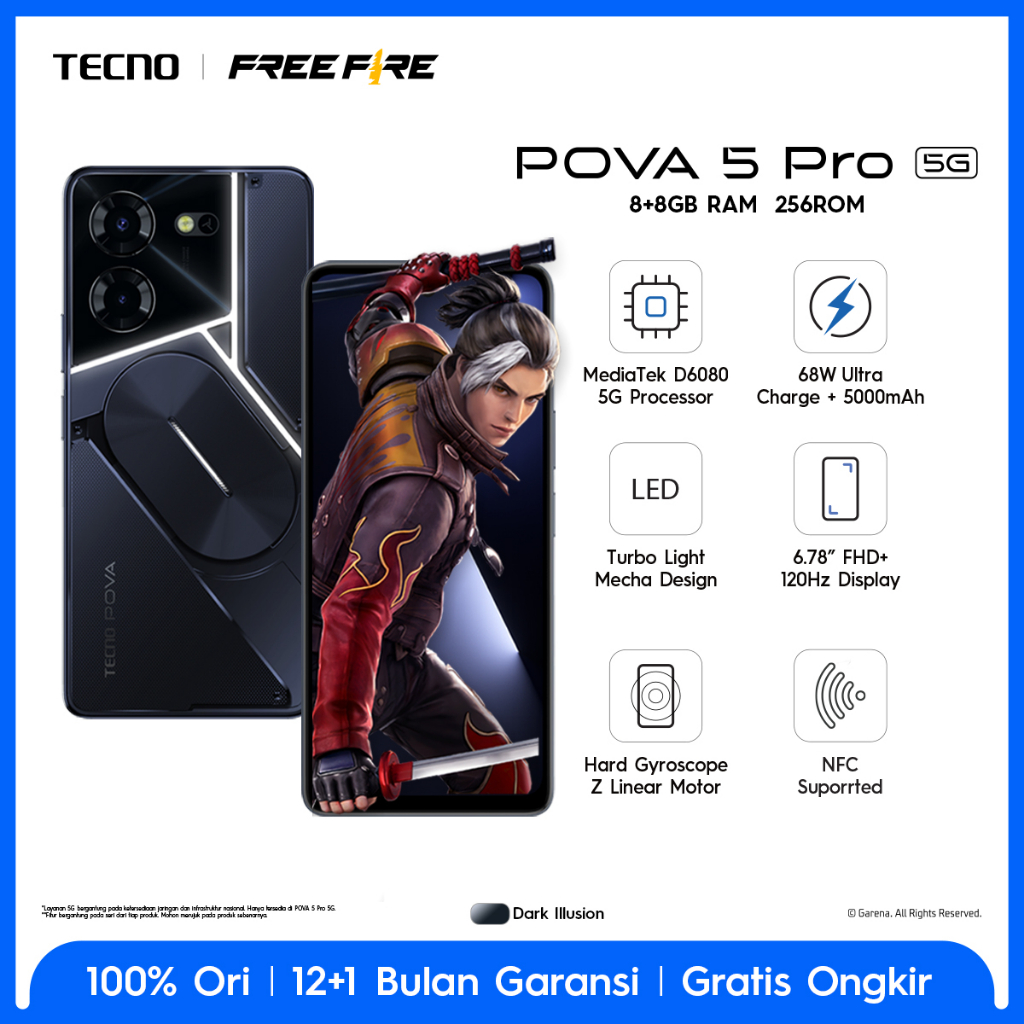 Jual TECNO POVA 5 Pro 5G Dimensity 6080 5G, 8+8GB*+256GB, 68W Super Fast Charging+5000mAh