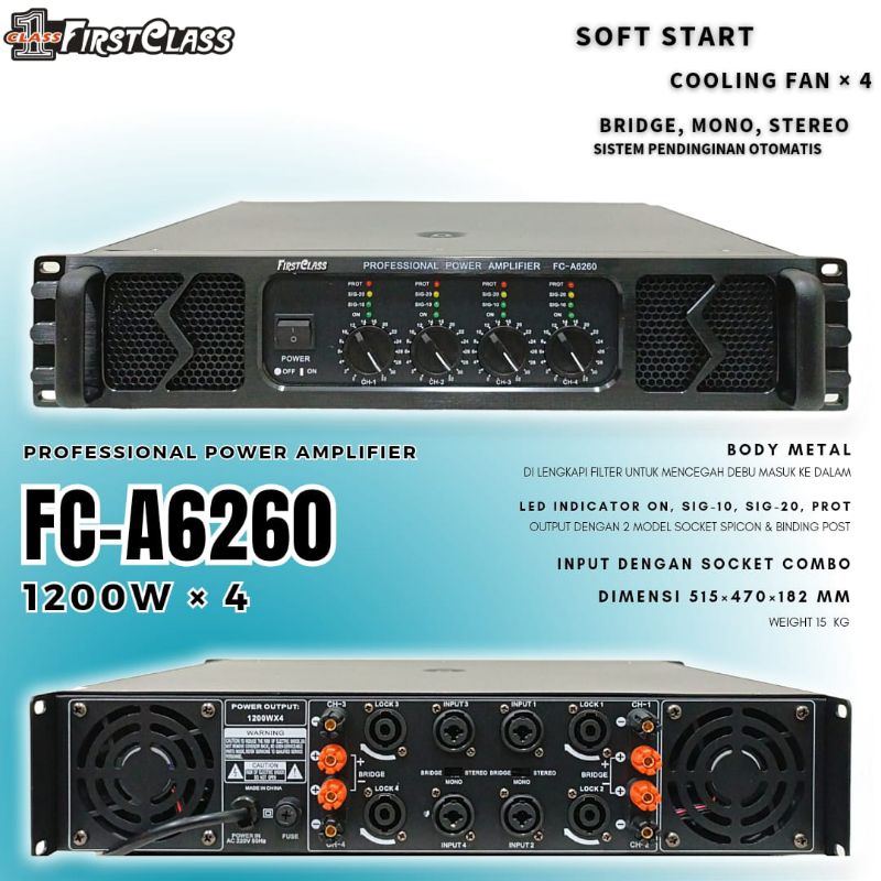 Jual Power Amplifier Firstclass FCA 6260 dengan Soft Start 4 CH 1200W X