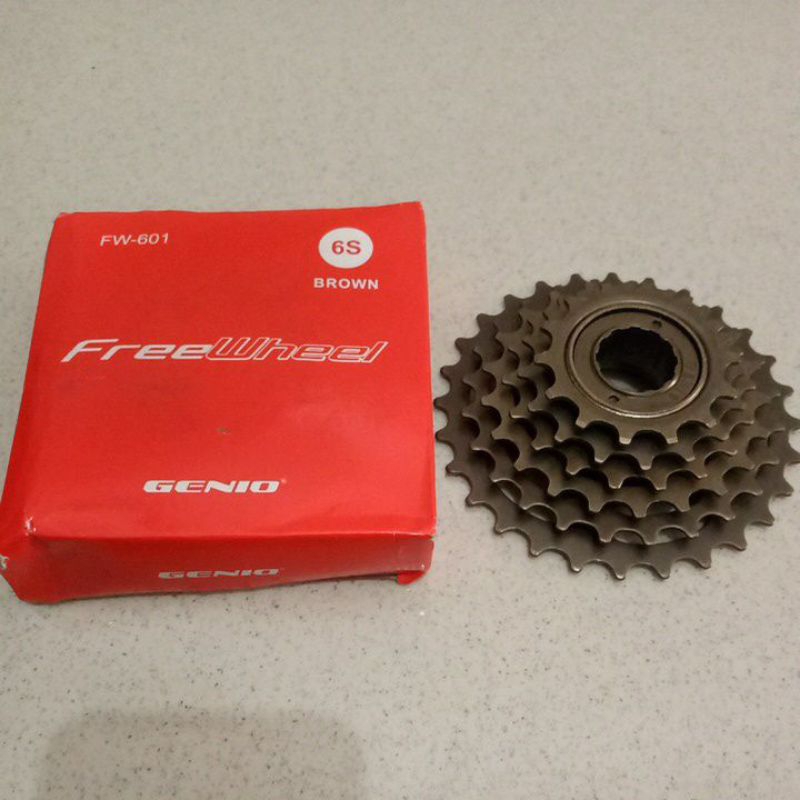 Jual sprocket gear sepeda merk genio 1428T 6 speed 1/2"x3/32 brown