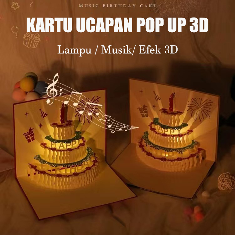 Jual Kartu Ucapan Pop Up Kue Ulang tahun 3D Dengan Lampu Musik | Shopee
