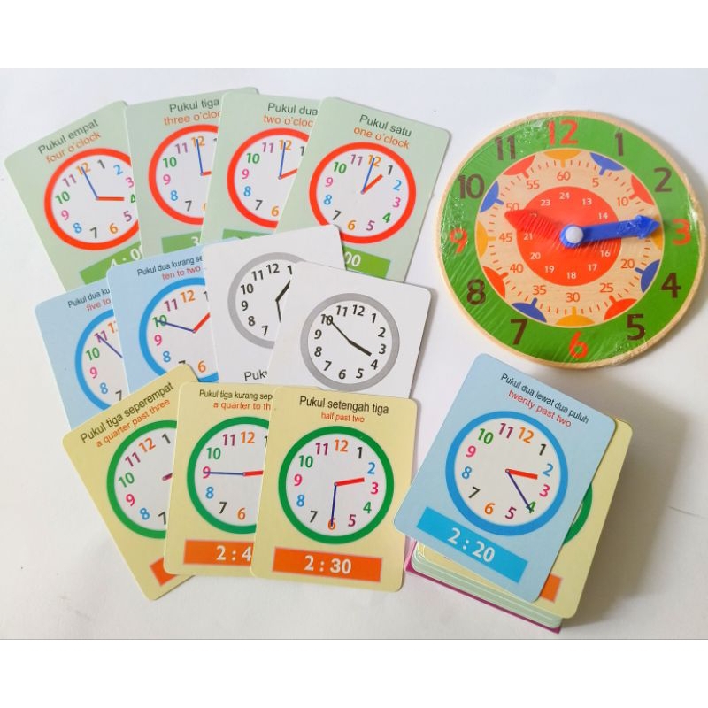 Jual Jam Kayu Edukasi dan Flashcard Mengenal Waktu/ Flashcard Mengenal ...