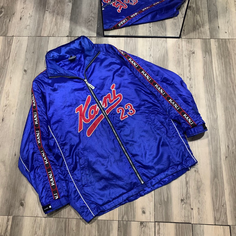 Karl Kani retro spliced paisley varsity jacket in blue and beige