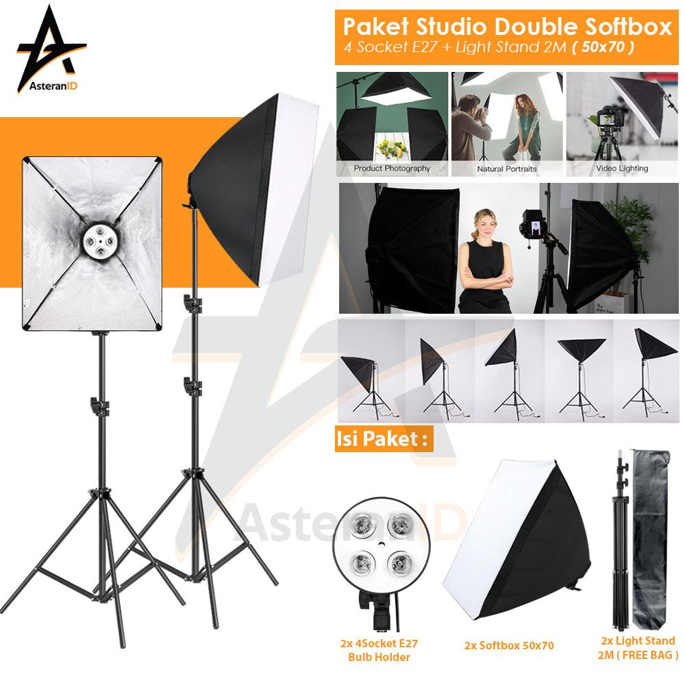 Jual Paket Double Softbox 4 Socket E27 + Light Stand +Extra Bag ...