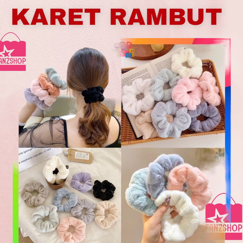 Jual Ikat Rambut Scrunchie Hijab Gelang Hairband Kunciran Lingkar Besar Bulu Lembut Korea Motif 