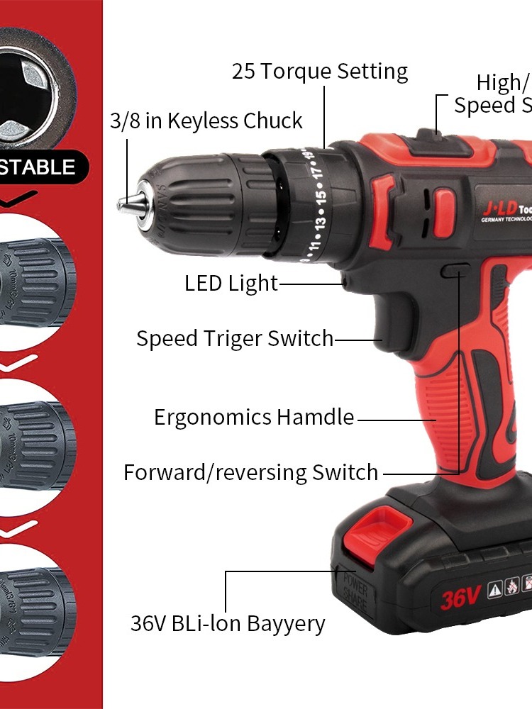 Jual PROMO JLD Bor Baterai 36V Cordless Impact Drill 10mm Mesin Bor ...