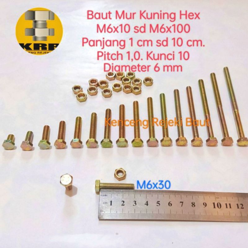 Jual Baut Mur Hex Kuning M6x10, M6x15, M6x20, M6x25, M6x30, M6x35 ...