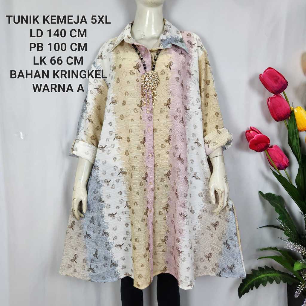 Jual Tunik Jumbo Wanita Model Kemeja Ld 140 Cm Bahan Kringkel Kekinian