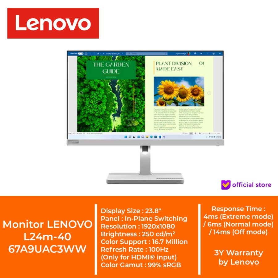 Jual Monitor LENOVO L24m 40 23.8 FHD 1920x1080 100Hz 67A9UAC3WW