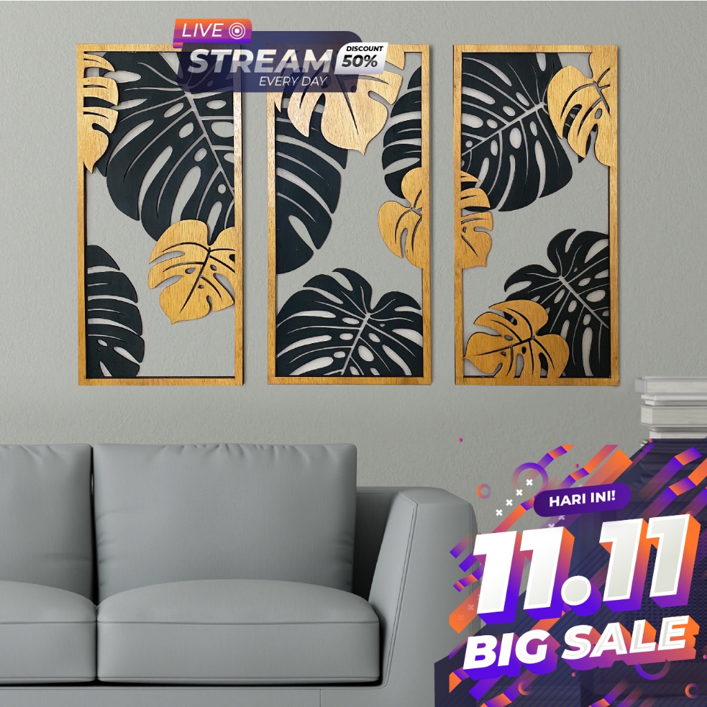 Jual DEKORASI DINDING DAUN AESTHETIC UNIK (3 PANEL) / DEKORASI 3D