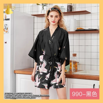 BD Kimono Panjang Dan Pendek Bahan Satin Premium Motif Flamingo Baju Tidur Pengantin BD08 09