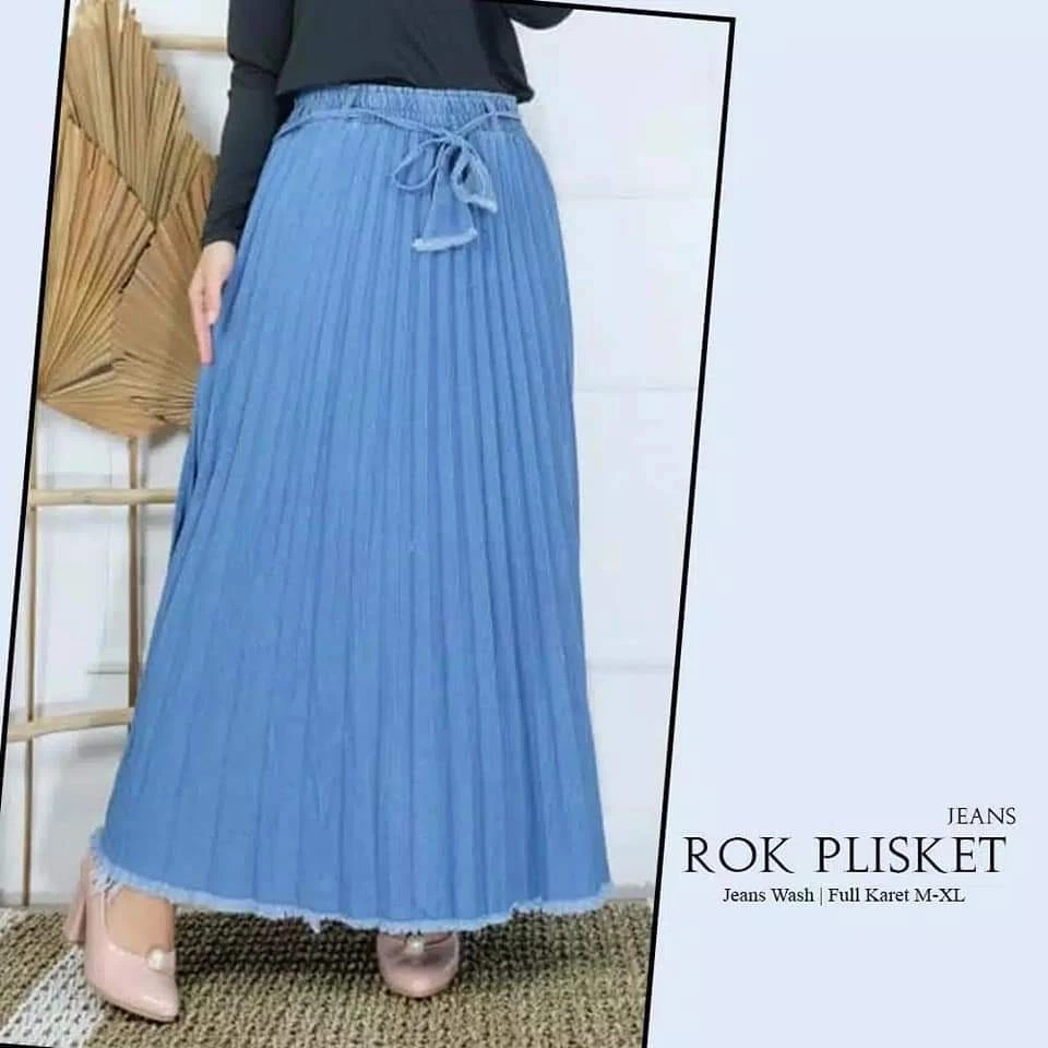 Jual Rok Plisket Jeans Dewasa Premium Model Payung Bawah Rawis Warna ...