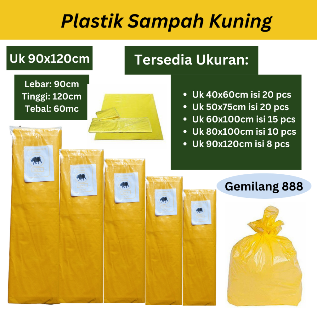Jual Plastik sampah Kuning Uk 40x60/50x75/60x100/80x100/90x120, kantong ...