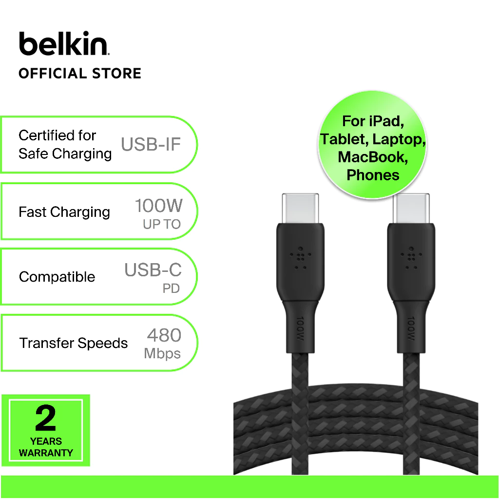 Belkin CAB014bt Black BoostCharge USB-C to USB-C 100W Cable 2M (iphone15, samsung, ipad, macbook, tablet, laptop)