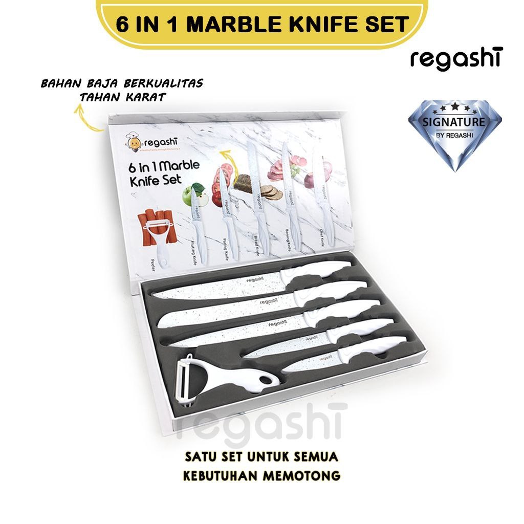 Regashi 6 in 1 Marble Knife Set | Set Pisau Dapur Putih Bermotif | Premium Tajam Anti Lengket Bahan Berkualitas Desain Elegan Pegangan Nyaman Lengkap Gunting Pengupas Cocok Memotong Bahan Makanan Peralatan Masak Rumah Tangga Knife Exclusive Collection