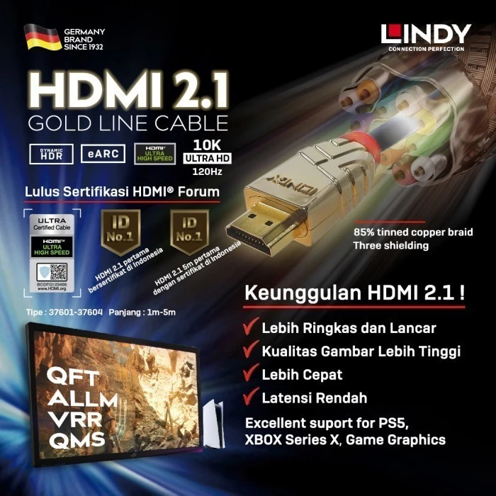 LINDY Kabel HDMI 2.1 5M Kabel Ultra High Speed Hdmi Certified Male to Male A to A PS5 EARC 8K 10K 37604
