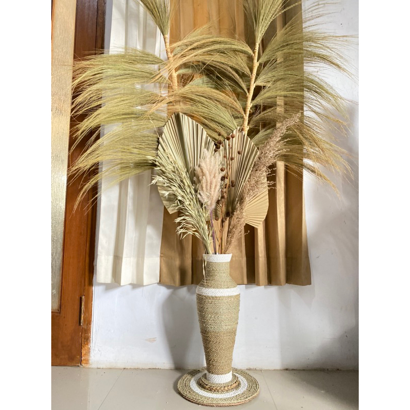 Paket Jumbo Bunga Kering dan Pot Guci Tinggi 50cm | Daun Palem Kering | Dekorasi Rustic | Dekorasi Rumah