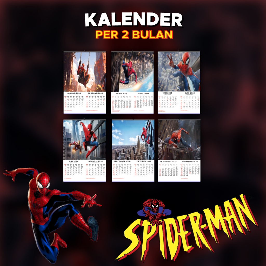 Jual Kalender Dinding Avengers Marvel Spiderman 2024 6 lembar Klem