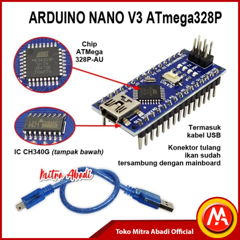 Jual Arduino Nano V3 30 Atmega328p Ch340 Ch340g 5v Board Usb Cable Shopee Indonesia 1283