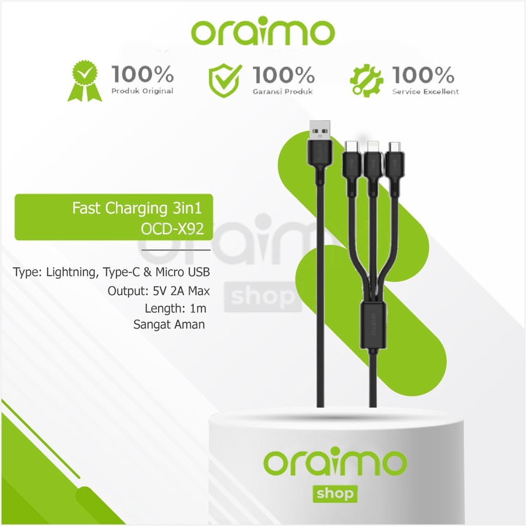 Jual Oraimo Data Cable 3in1 Fast Charging 5V 2A 3A TypeC Micro USB