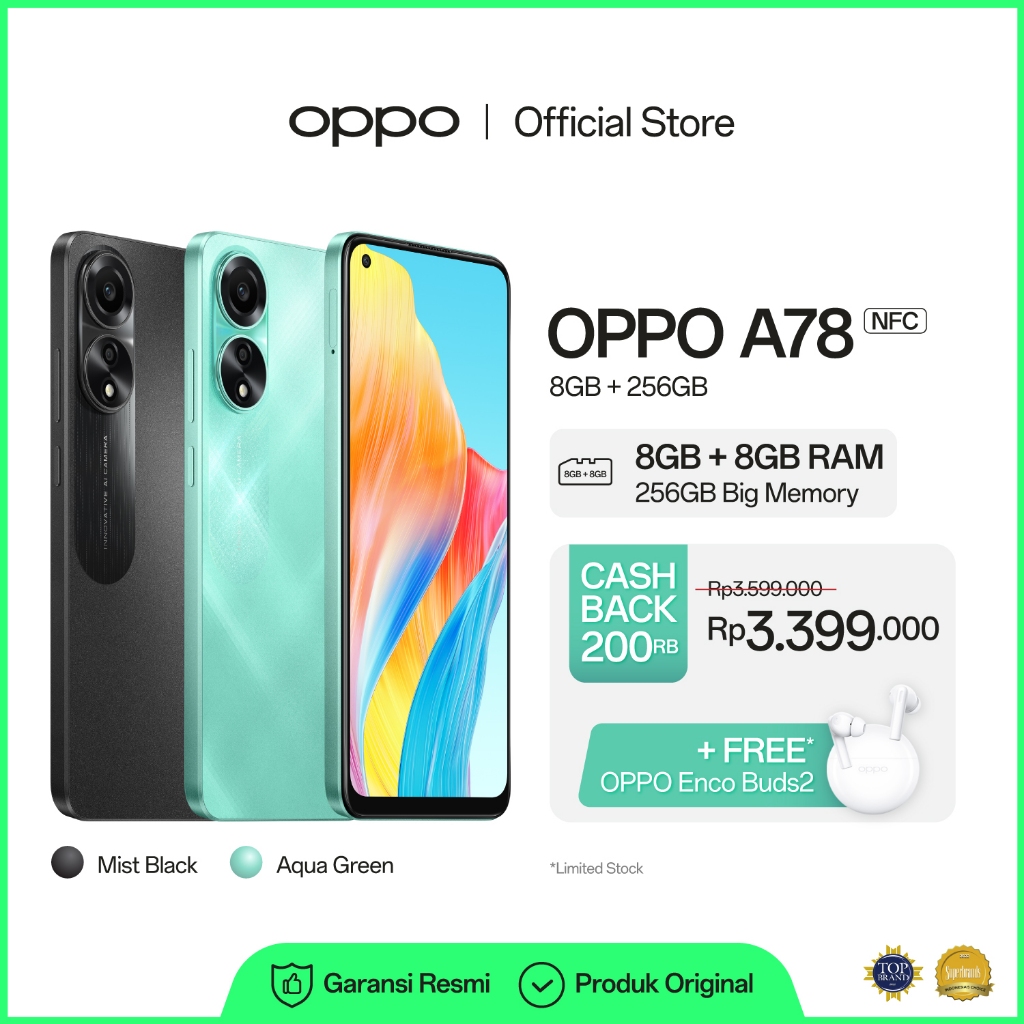 Jual OPPO A78 4G 8GB(+8GB)/256GB (67W SUPERVOOC, AMOLED FHD+, DUAL ...