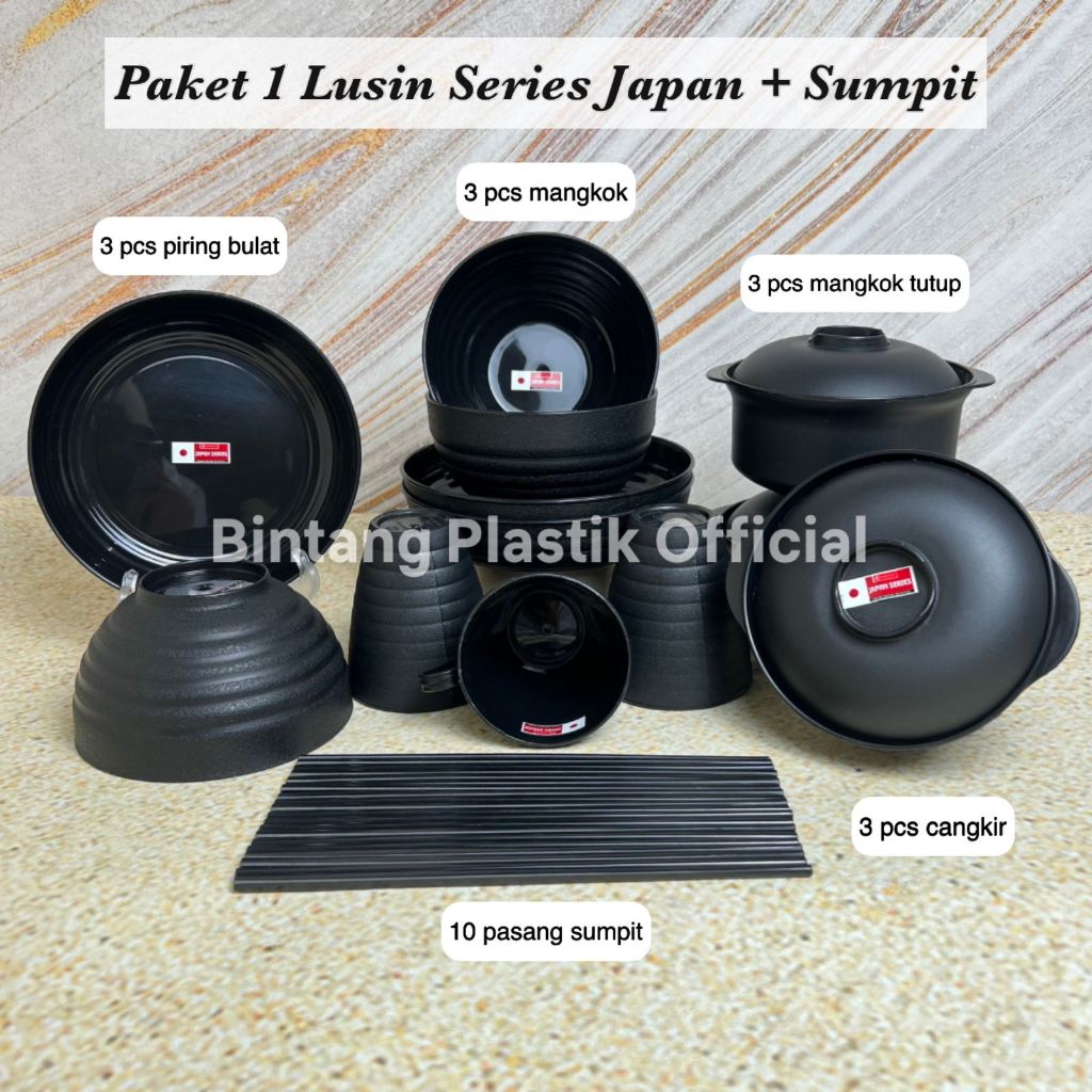 PROMO PAKET 1 LUSIN PIRING MANGKUK TUTUP GELAS JAPAN PLASTIK LENGKAP DENGAN SUMPIT TAHAN PANAS HITAM