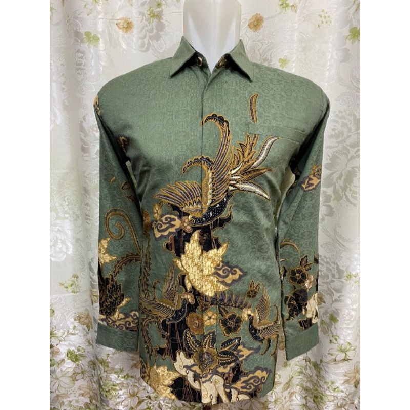 Jual Kemeja Batik Sutra Premium Hijau Sage Army Mint Hijau Daun