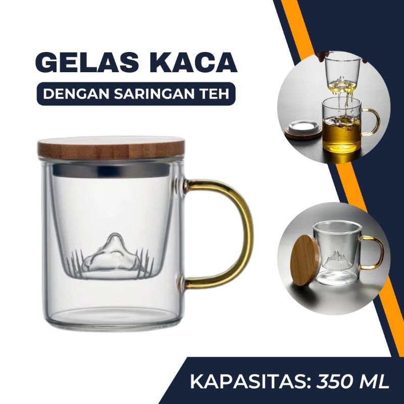 Jual Gelas Cangkir Teh Aesthetic Dengan Saringan Mug Kaca Infuser Filter Tahan Panas Tutup Kayu 8171