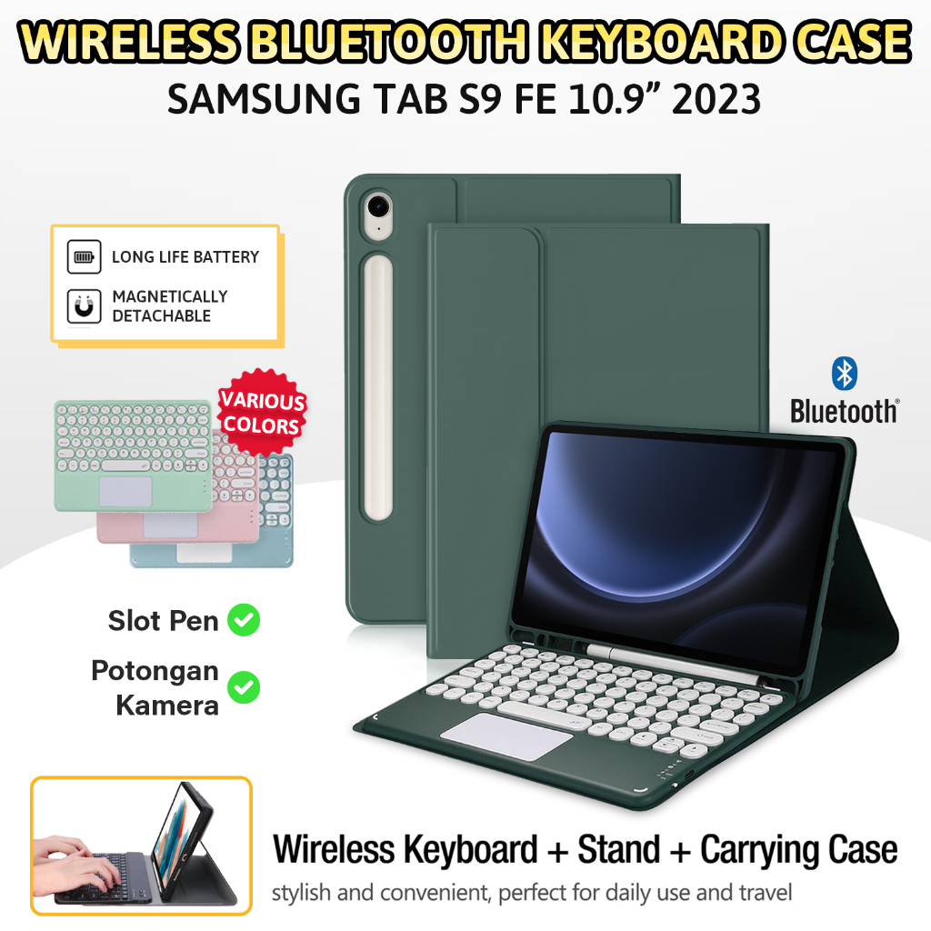 Samsung Tab S9 FE 2023 5G Wifi Bluetooth Keyboard Trackpad Case  Casing Pen Holder Kibord Cover Flipcase Papan Ketik Key Board Bluetut  Wireless