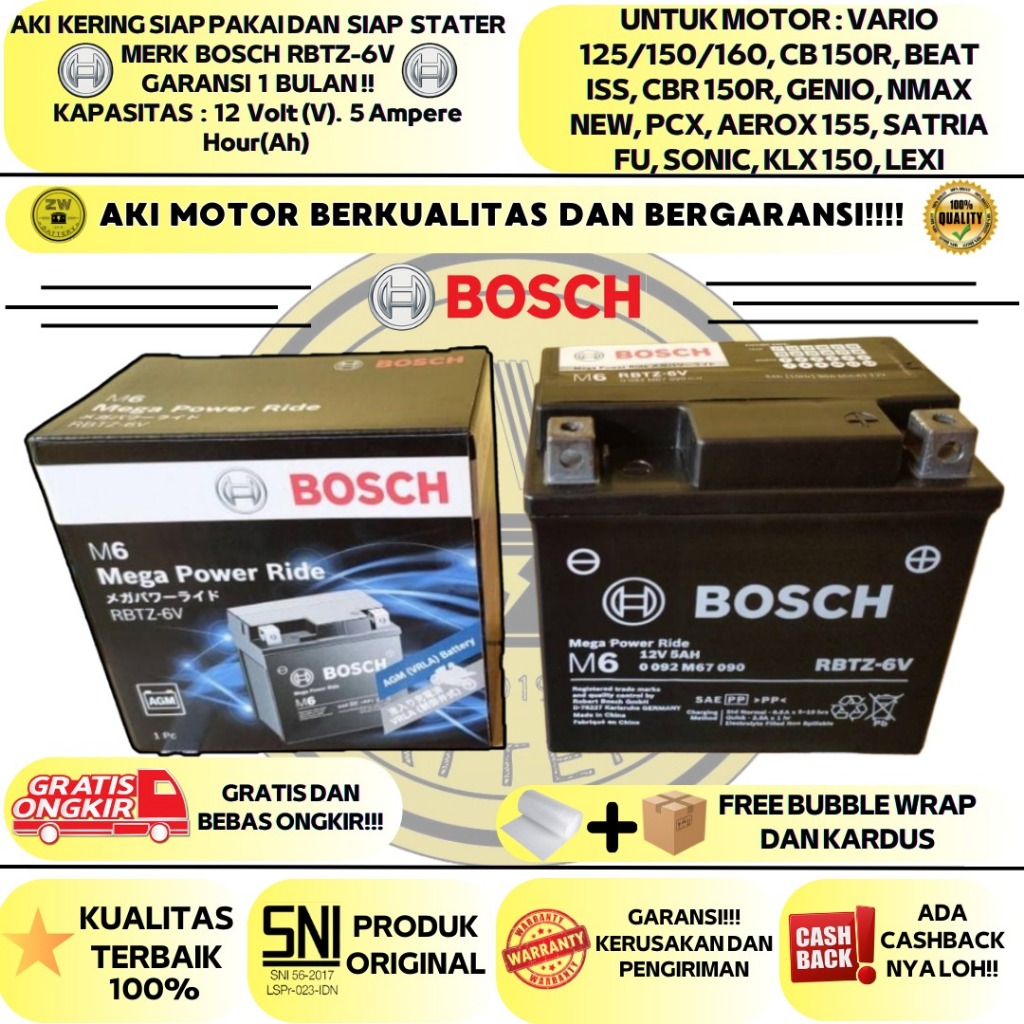 Jual AKI MOTOR SATRIA FU 150, SONIC 150, CBR 150, KLX 150 RBTZ-6V BOSCH