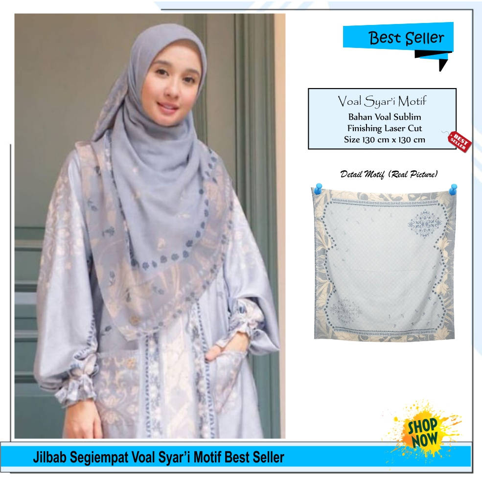 Jilbab Segi Empat Voal Motif Syari Jumbo Size 130x130 Kerudung Hijab Scarf Sqaure Laser Cut