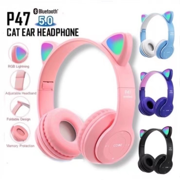 Jual P47M Cat Ear Headphone Cute LED Light Bluetooth Cat Headphones