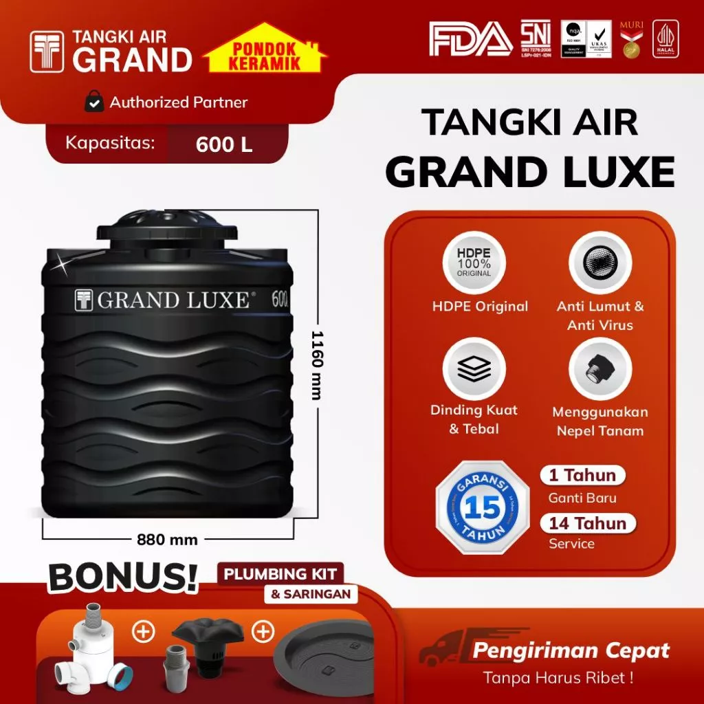 Tandon Toren Tangki Air Tedmond Grand Luxe 600 L Anti Lumut Sertifikasi Halal Tangki Pertama di Indonesia Garansi 15 Tahun