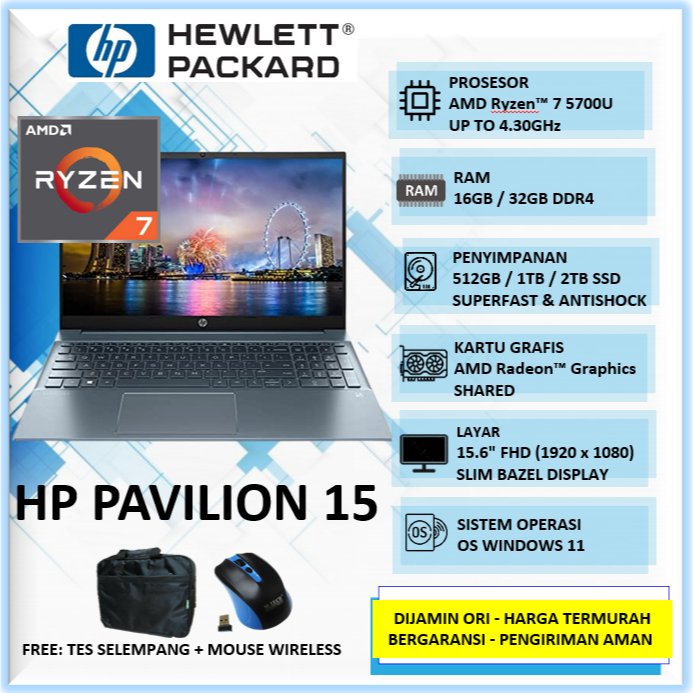 HP Pavilion 15-eh1070wm Laptop: 15.6" FHD, Ryzen 7 5700U, 8GB RAM, 512GB SSD