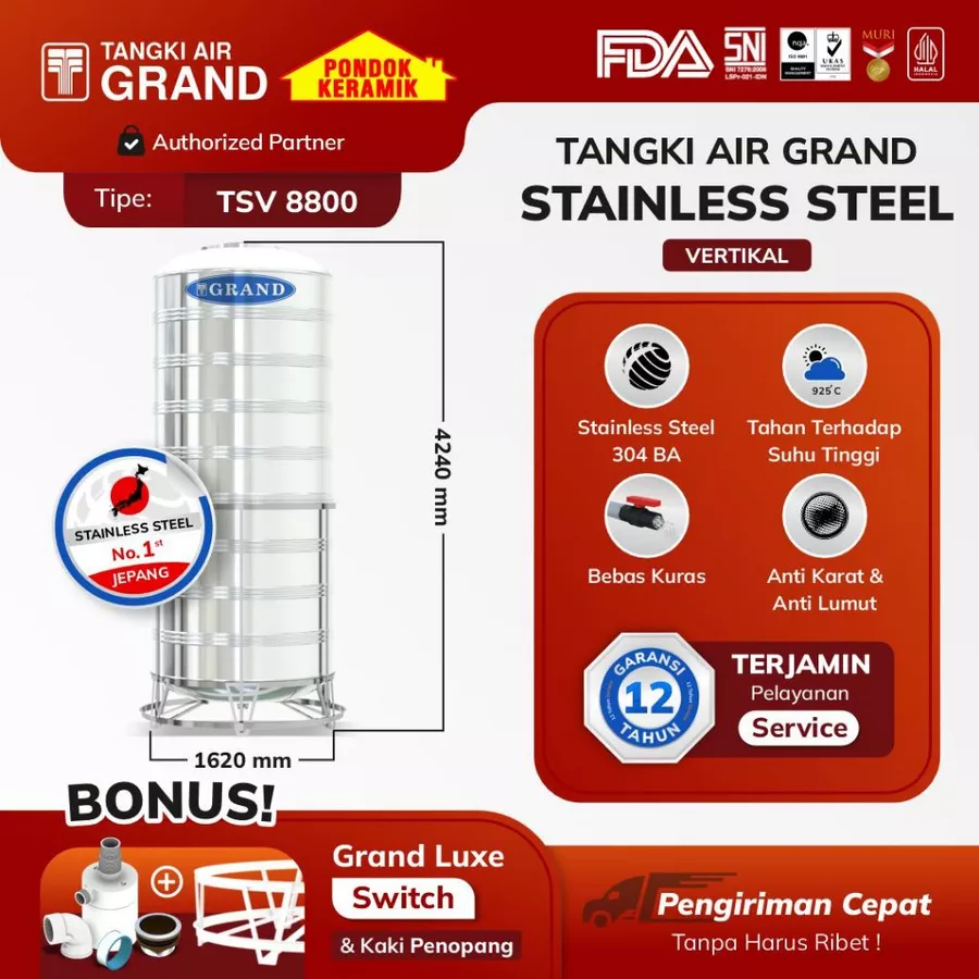 Toren Tandon Air Tangki Stainless Tedmond Grand TSV 8800 Liter Anti Lumut & Sertifikasi Halal Pertama di Indonesia Garansi 12 Tahun
