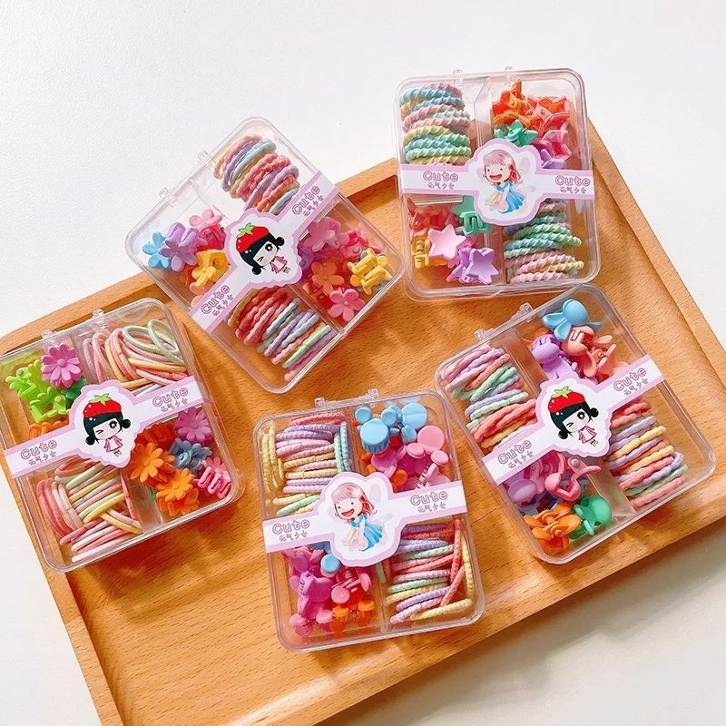 Jual 1 set kotak karet ikat rambut dan jepit mini warna warni/ikat ...