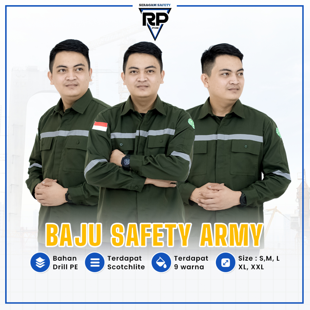 Jual Baju Safety Hijau Army Lengan Panjang Seragam Kerja Lapangan