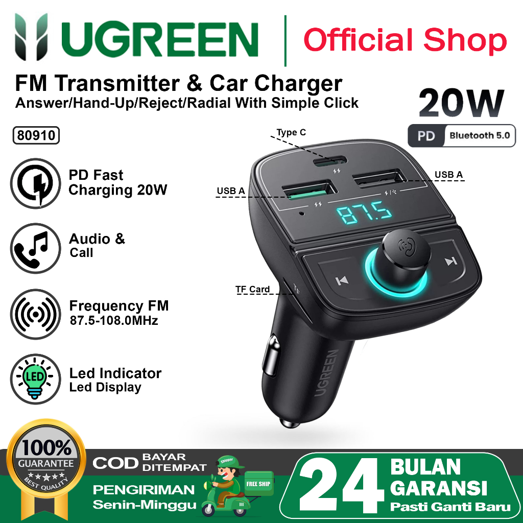 Jual UGREEN Car Charger Mobil Fast Charging Max 31.5W Bluetooth 5.0 FM