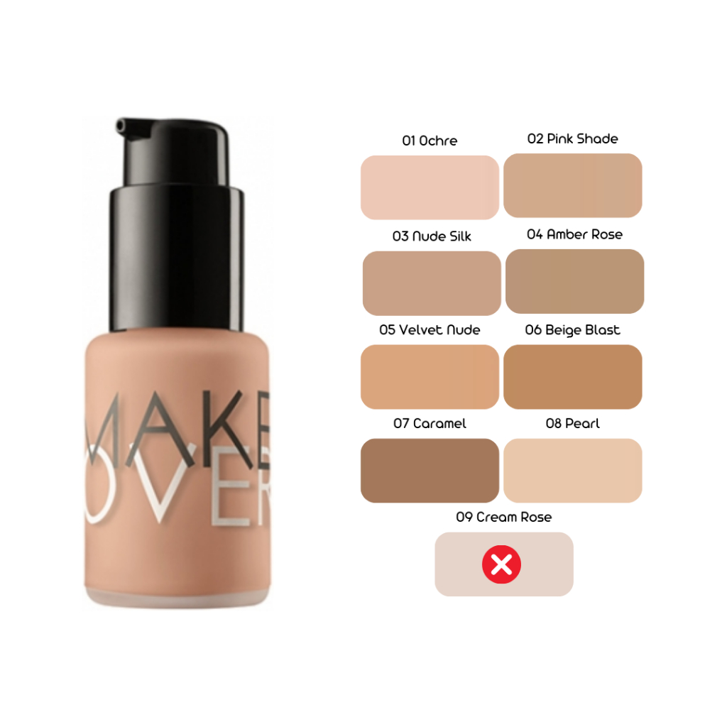 Jual MAKE OVER Ultra Cover Liquid Matt Foundation SPF 31 Oil Absorber 33 ml  | 01 Ocre | 02 Pink Shade | 03 Nude Silk | 04 Amber Rose | 05 Velvet Nude |  06 Beige Blast | 07 Caramel | 08 Pearl | 09 Cream Rose - Foundation |  Shopee Indonesia