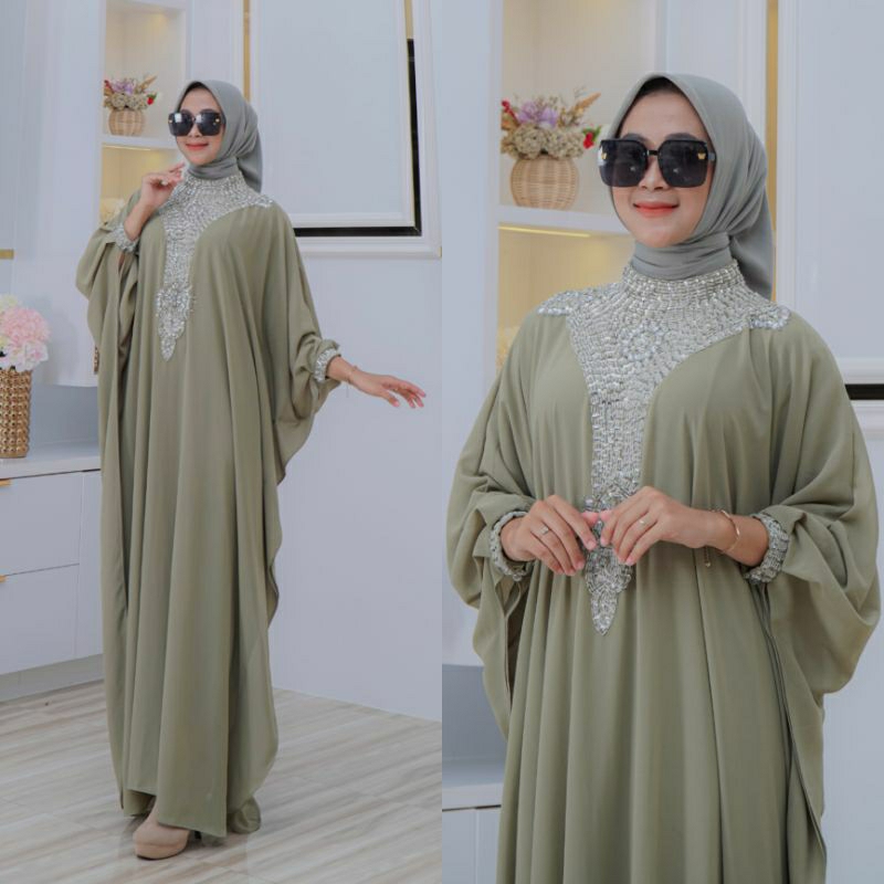 Jual Rades Kaftan Isyana Bahan Ceruty Babydoll Full Puring Hiasan Payet Mewah Putih Sage Hitam