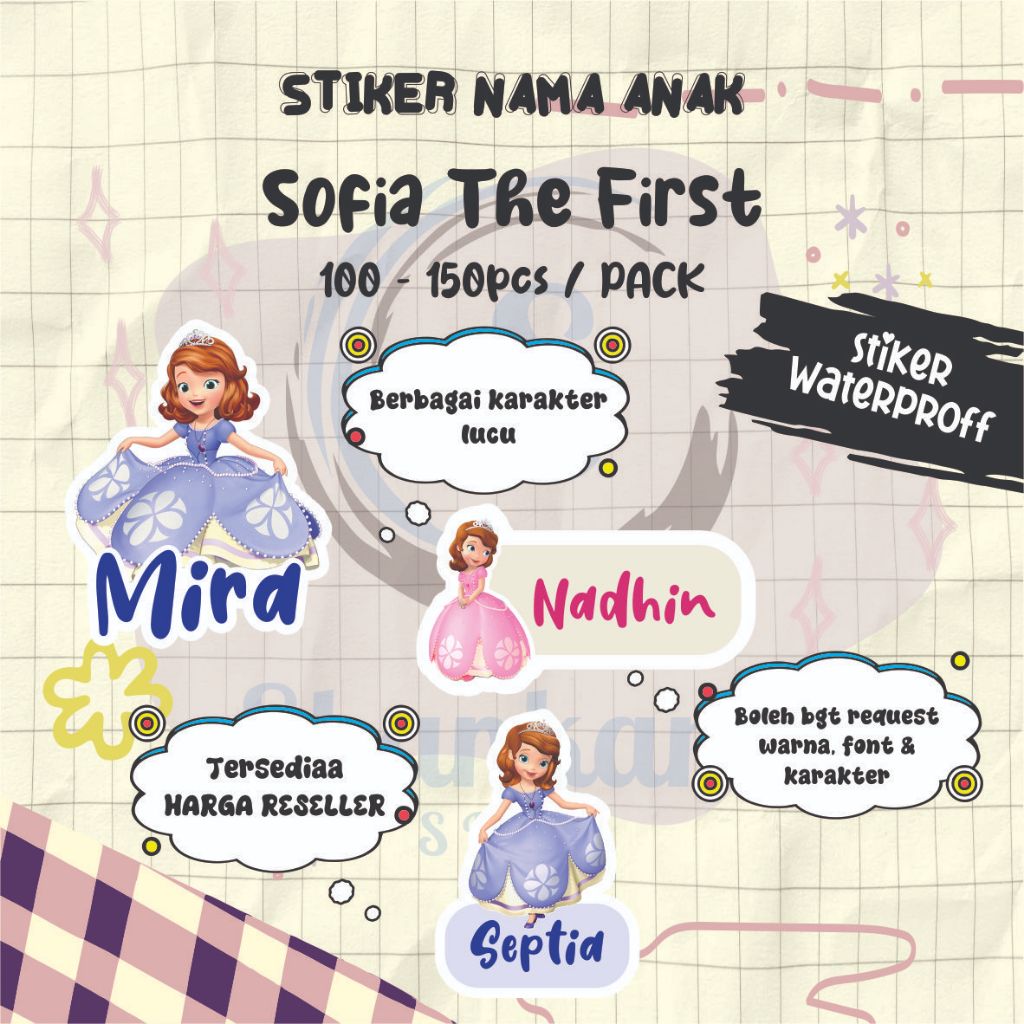 Jual ( 100-150pcs) Stiker Nama TEMA SOFIA THE FIRST / Stiker Tumbler ...