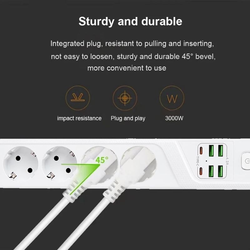 Jual 3000W EU Plug Power Strip AC Outlets Multitap Socket 3m Extension ...