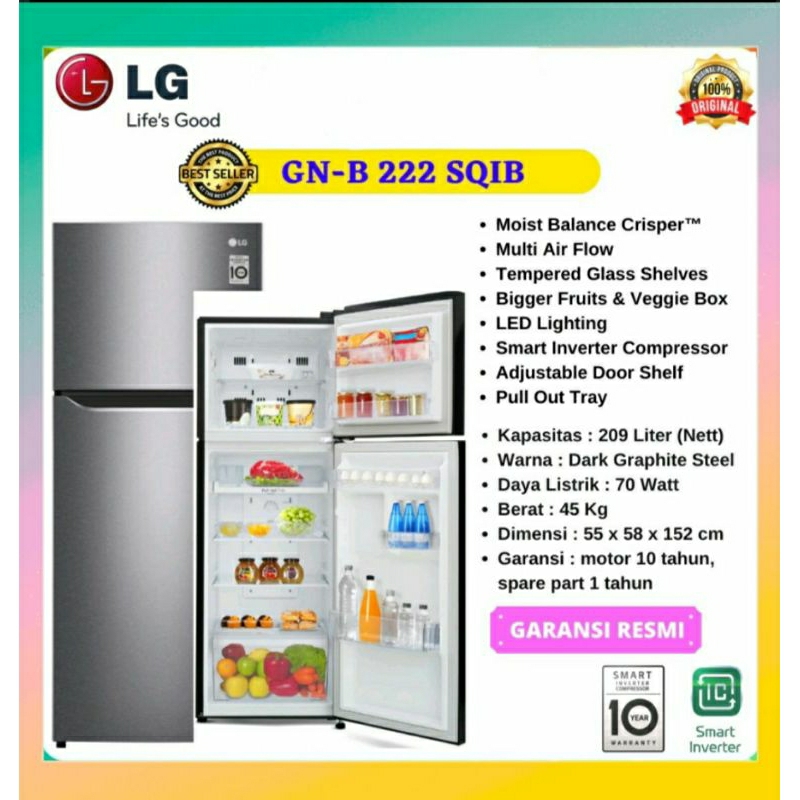 Jual KULKAS LG 2 PINTU GN-B 222SQIB/KULKAS 2 PINTU LG GN B222SQIB SMART ...