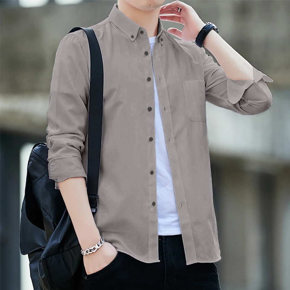 Jual Baju Kemeja Pria Lengan Panjang Polos Abu-Abu Navy Hitam Maroon