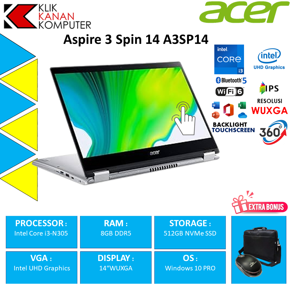 Jual ACER Aspire 3 Spin 14 A3SP14 I3 N305 8GB 512GB 14"WUXGA X360 Touch ...