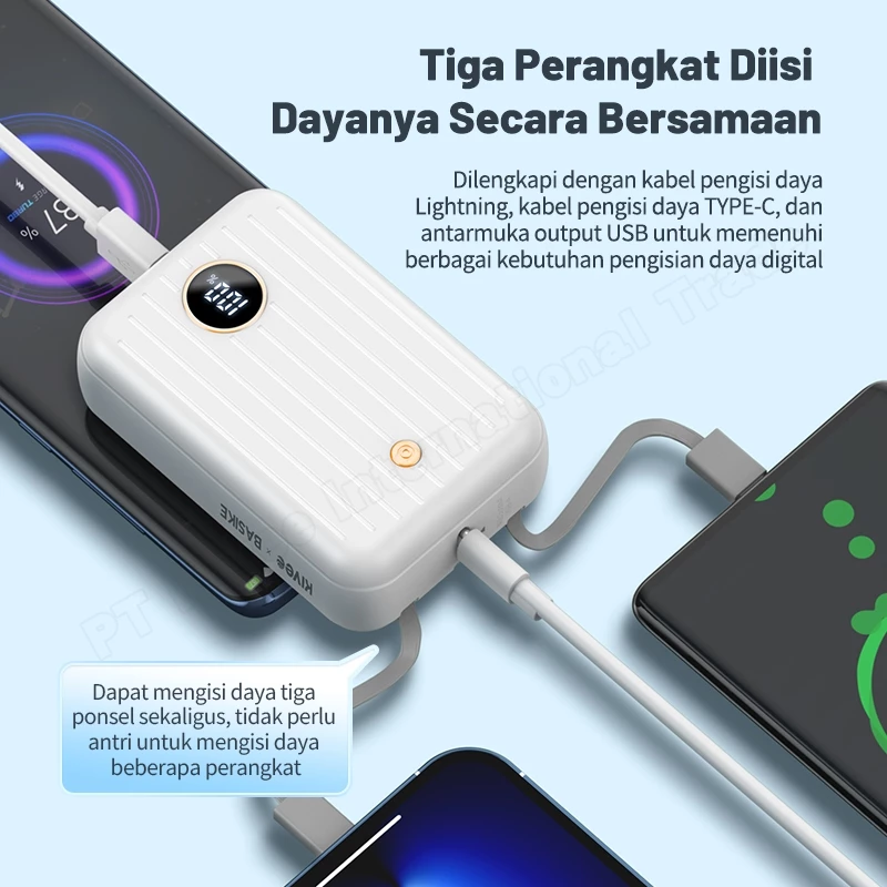 KIVEE Powerbank 10000mAh Mini Portable fast charging 20W With kabel data Type C Lightning USB 3-in-1