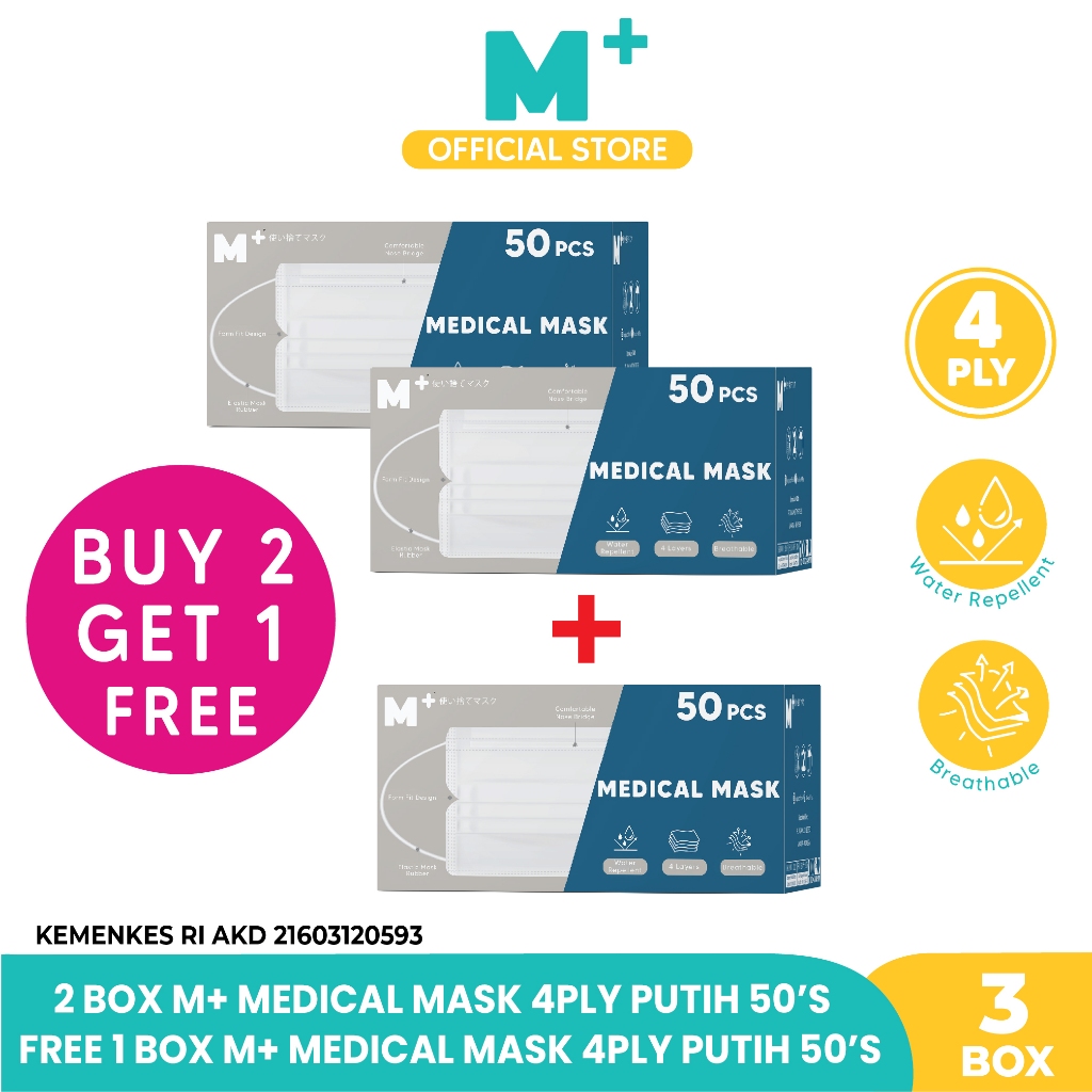 Jual Buy 2 Get 1 Masker Medis Earloop Putih M+ 4Ply - Masker Medis Isi ...