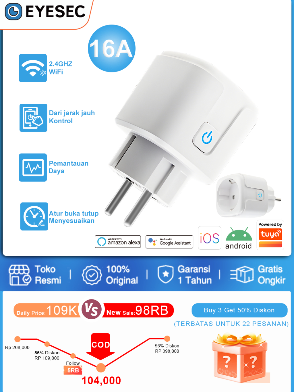 Jual EYESEC Smart Plug WiFi 16A Wireless Colokan Energy Monitoring ...